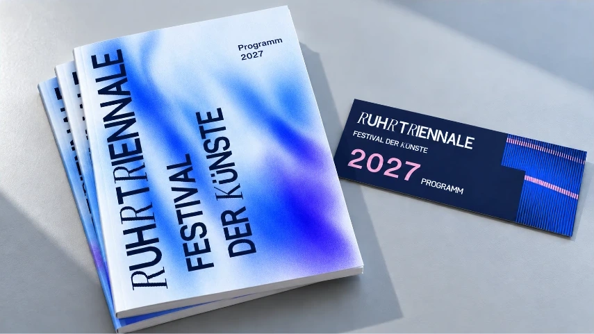 Programmheft und Karte mit blauem Lichtfeld und vertikaler Festivaltypografie.