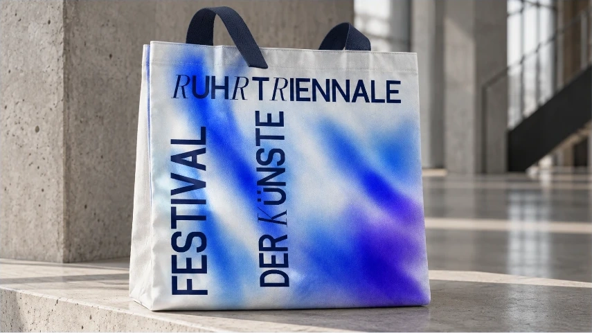 Stofftasche mit blauem Lichtfeld und vertikaler Festivaltypografie.